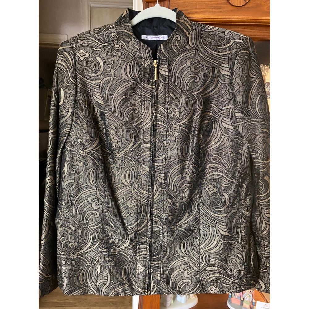 Allison Daley Goldscroll Metallic Jacquard Zip Front Jacket Gold Black Size 12
